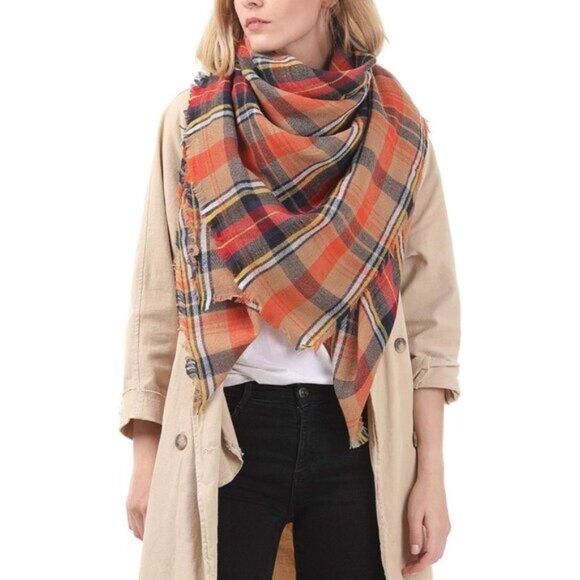 Accessories - Women's Fall Winter Scarf Classic Tassel Plaid Orange
